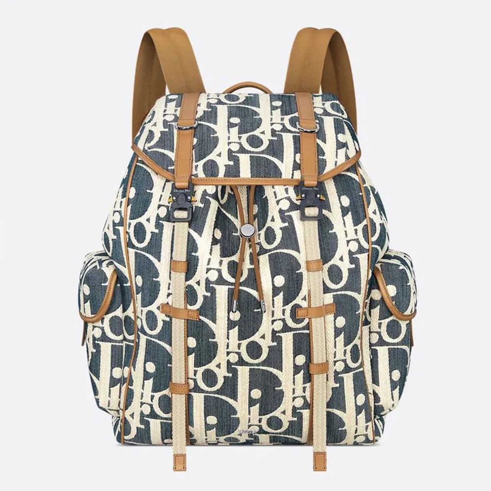 Dior Men Hit the Road Backpack with Flap Blue and Beige Raffia-Effect Dior Oblique Denim