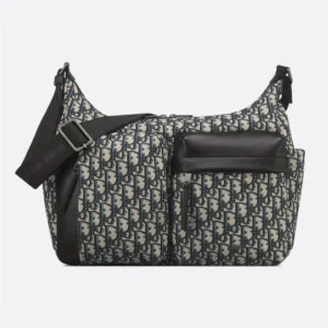 Dior Men Medium Rider Soft Hobo Bag Beige and Black Dior Oblique Jacquard with Black Grained Calfskin