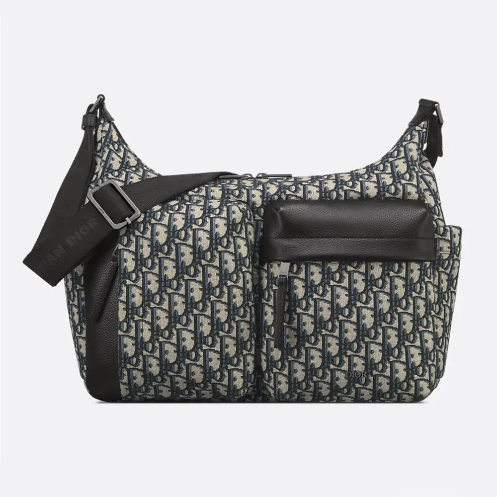 Dior Men Medium Rider Soft Hobo Bag Beige and Black Dior Oblique Jacquard with Black Grained Calfskin