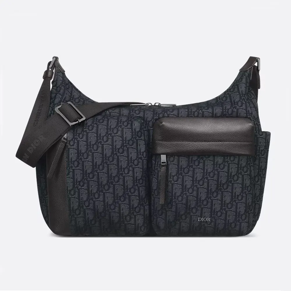 Dior Men Medium Rider Soft Hobo Bag Black Dior Oblique Jacquard and Black Grained Calfskin