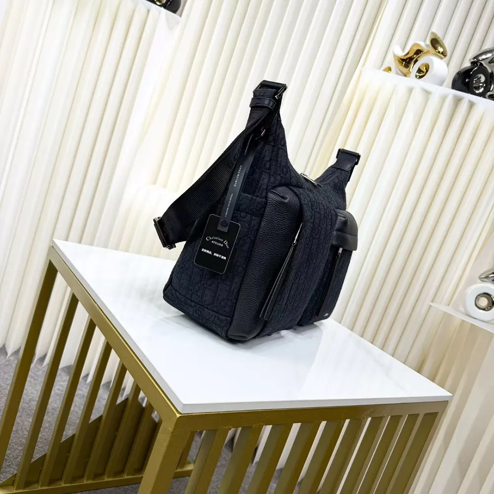 Dior Men Medium Rider Soft Hobo Bag Black Dior Oblique Jacquard and Black Grained Calfskin
