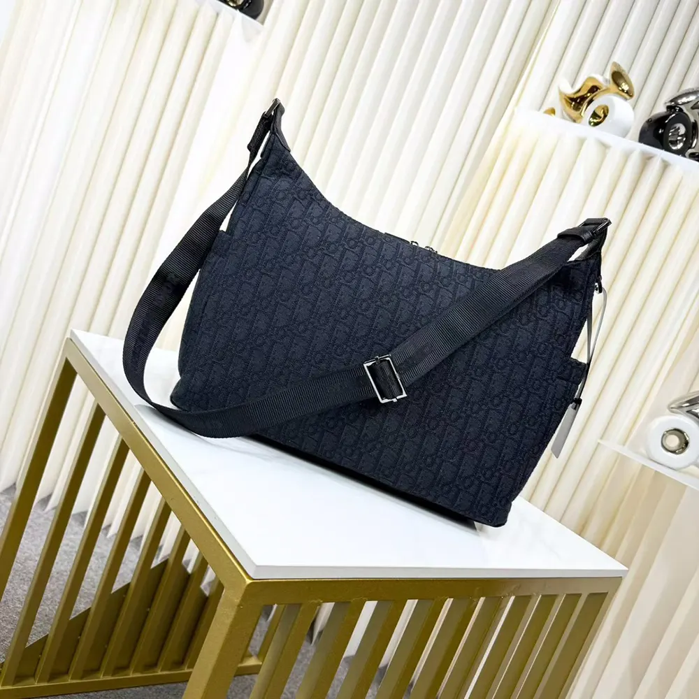 Dior Men Medium Rider Soft Hobo Bag Black Dior Oblique Jacquard and Black Grained Calfskin