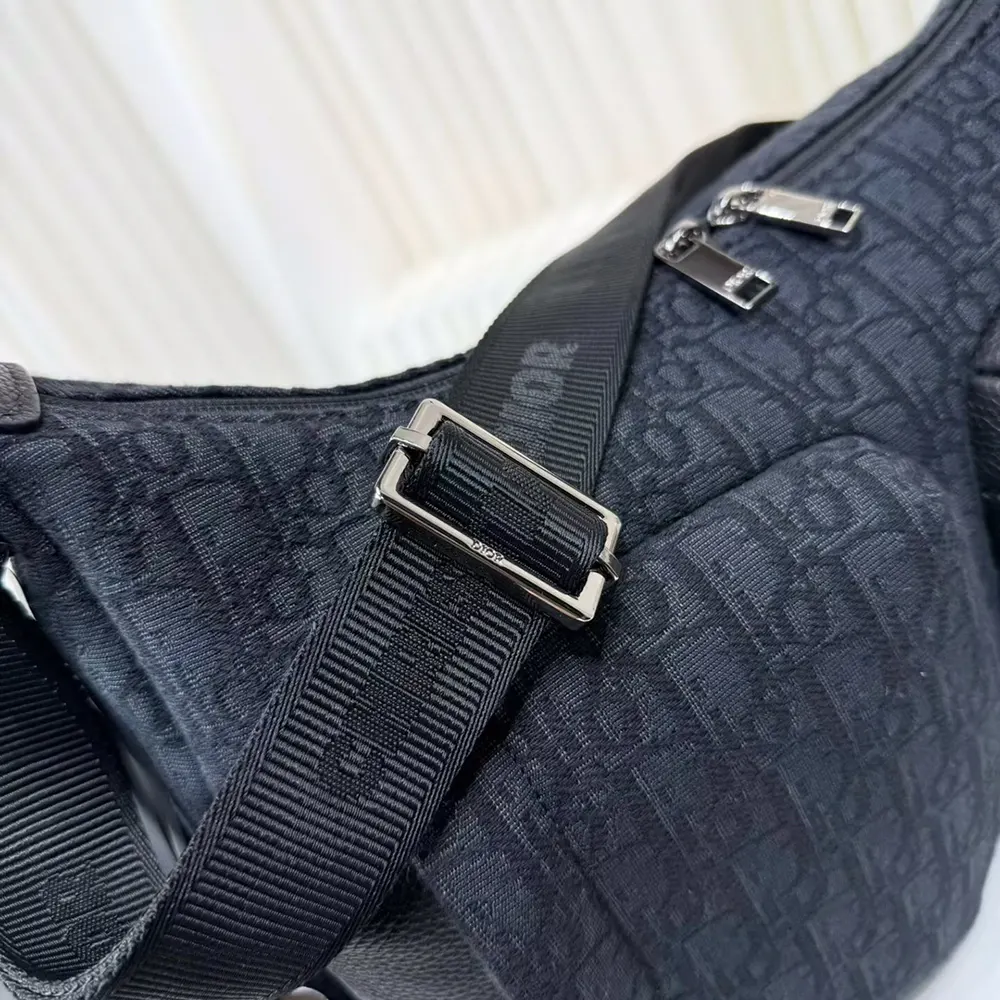 Dior Men Medium Rider Soft Hobo Bag Black Dior Oblique Jacquard and Black Grained Calfskin