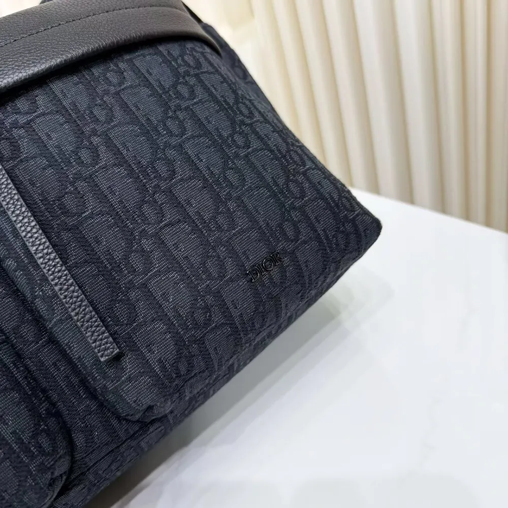 Dior Men Medium Rider Soft Hobo Bag Black Dior Oblique Jacquard and Black Grained Calfskin