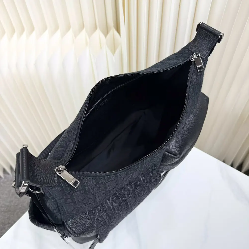 Dior Men Medium Rider Soft Hobo Bag Black Dior Oblique Jacquard and Black Grained Calfskin