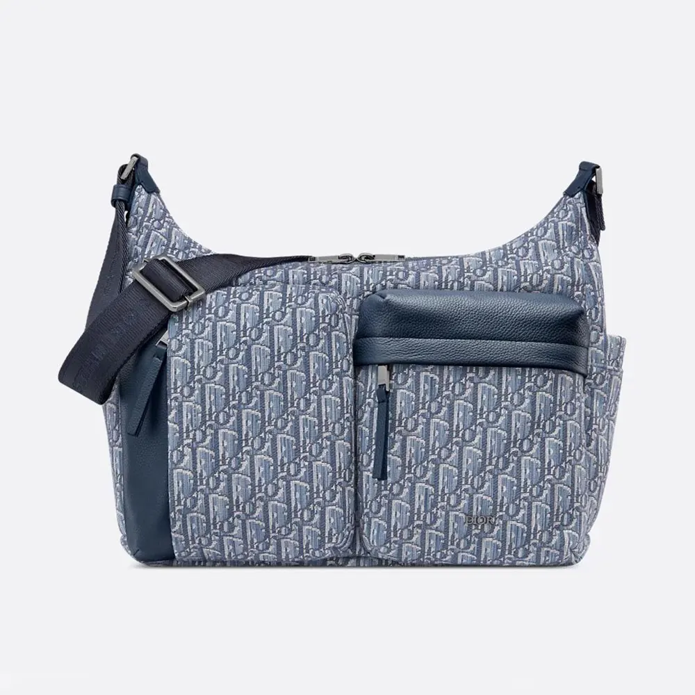 Dior Men Medium Rider Soft Hobo Bag Blue Dior Oblique Jacquard and Blue Grained Calfskin