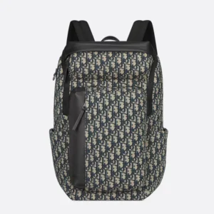 Dior Men Rider Soft Zipped Backpack Beige and Black Dior Oblique Jacquard with Black Grained Calfskin