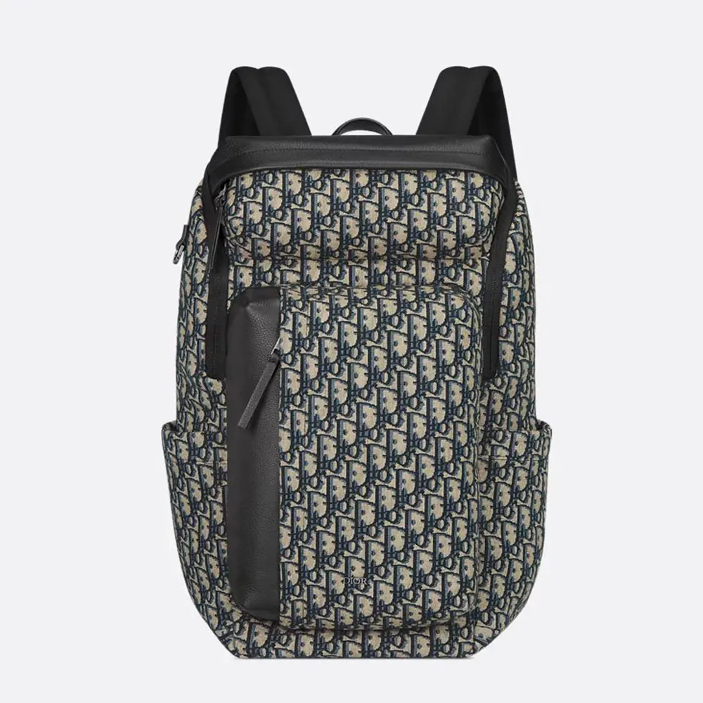 Dior Men Rider Soft Zipped Backpack Beige and Black Dior Oblique Jacquard with Black Grained Calfskin