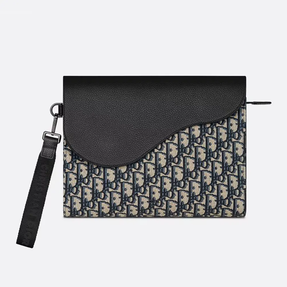 Dior Men Saddle A5 Triangle Pouch Black Dior Oblique Jacquard and Black Grained Calfskin