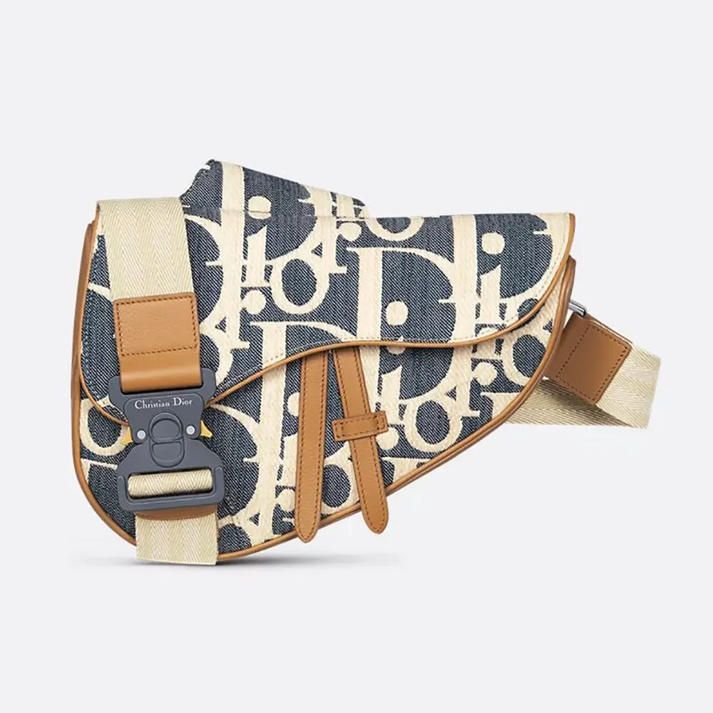 Dior Men Saddle Bag Blue and Beige Raffia-Effect Dior Oblique Denim