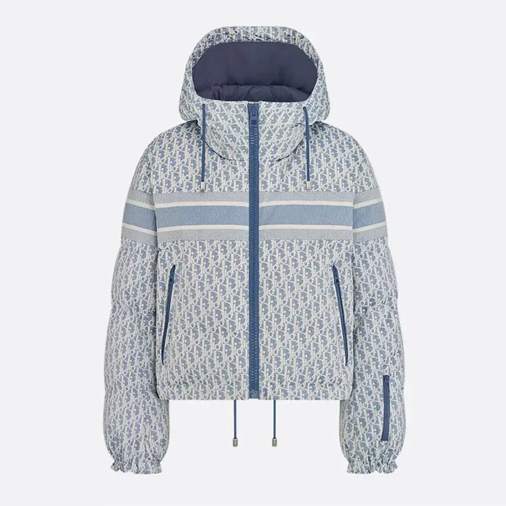 Dior Women DiorAlps Cropped Puffer Jacket with Hood Blue and White Dior Oblique Quilted Technical Taffeta