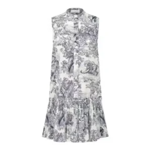 Dior Women Dioriviera Straight Ruffled Dress White Toile de Jouy Palms Cotton and Silk Poplin