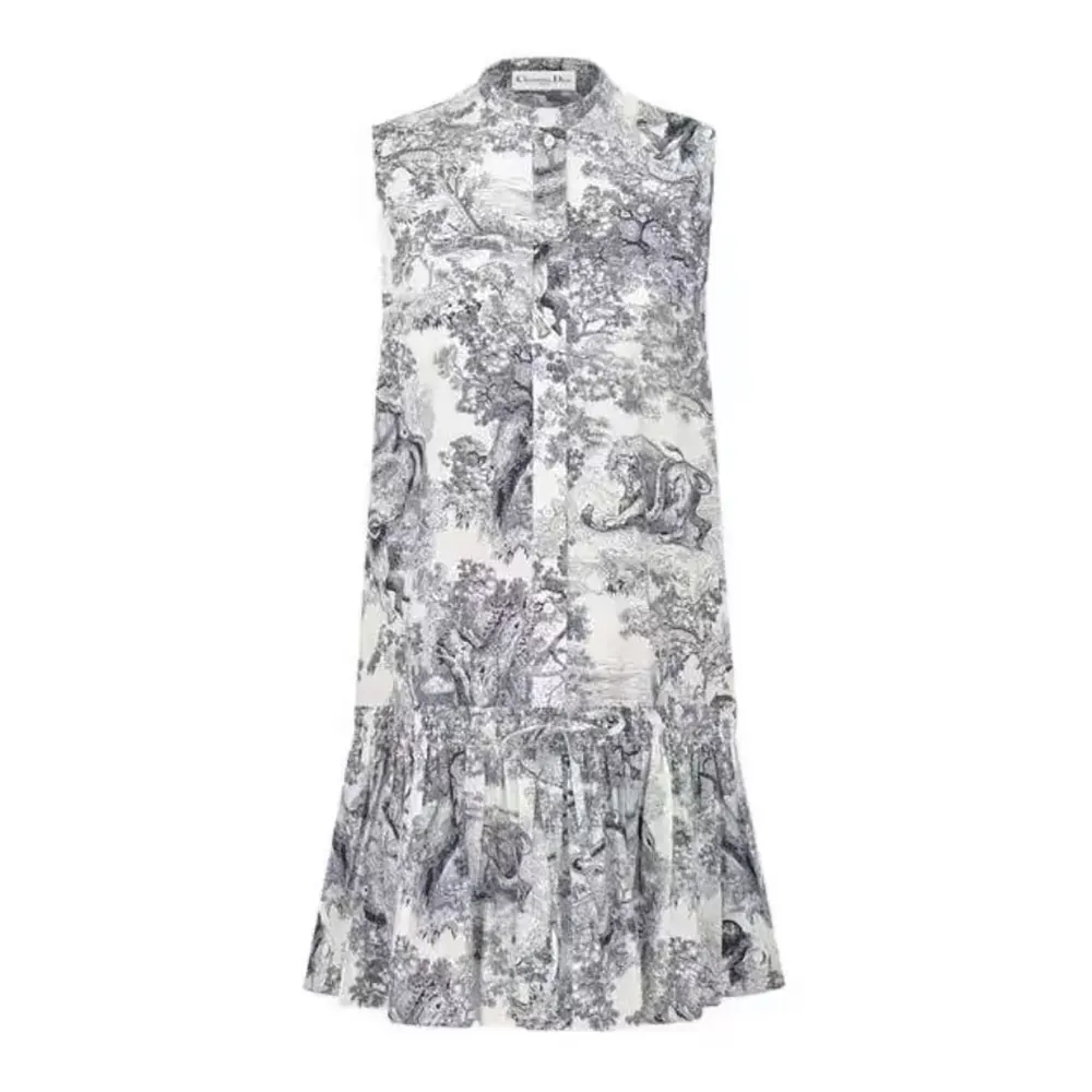 Dior Women Dioriviera Straight Ruffled Dress White Toile de Jouy Palms Cotton and Silk Poplin