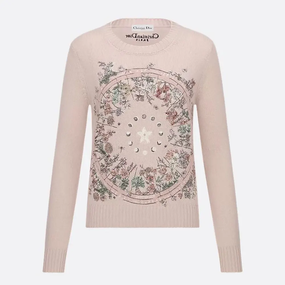 Dior Women Embroidered Sweater Cashmere Knit with Pink Dior Astral Flowers Motif