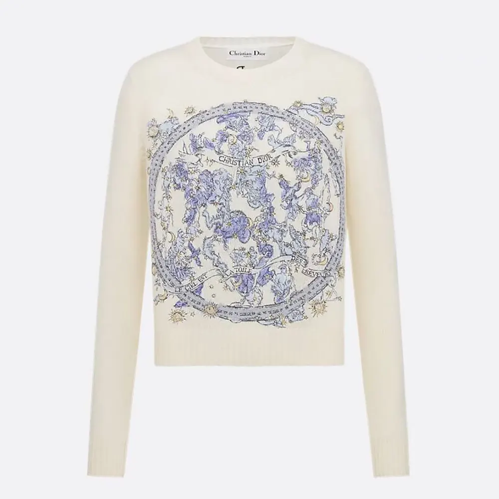 Dior Women Embroidered Sweater Ecru Cashmere Knit with Blue Dior Night of Dreams Motif