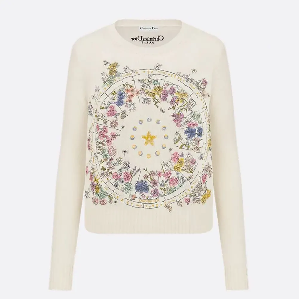 Dior Women Embroidered Sweater White Cashmere Knit with Multicolor Dior Astral Flowers Motif