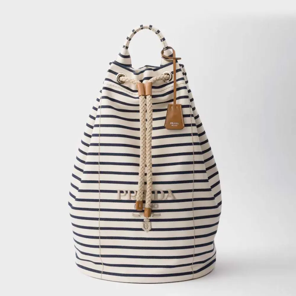 Prada Unisex Striped Canvas Drawstring Duffel Bag-White 2VY0112HJN