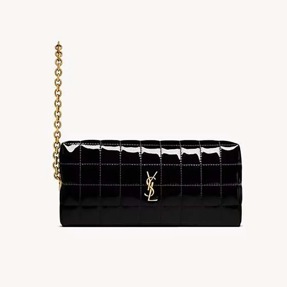 Saint Laurent YSL Women Cassandre Matelassé Carré Pouch On Chain In Shiny Canvas-Black