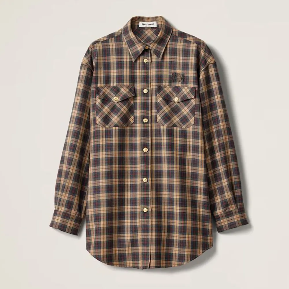 Celine Women Wool Tartan Shirt Embroidered Logo MK1906