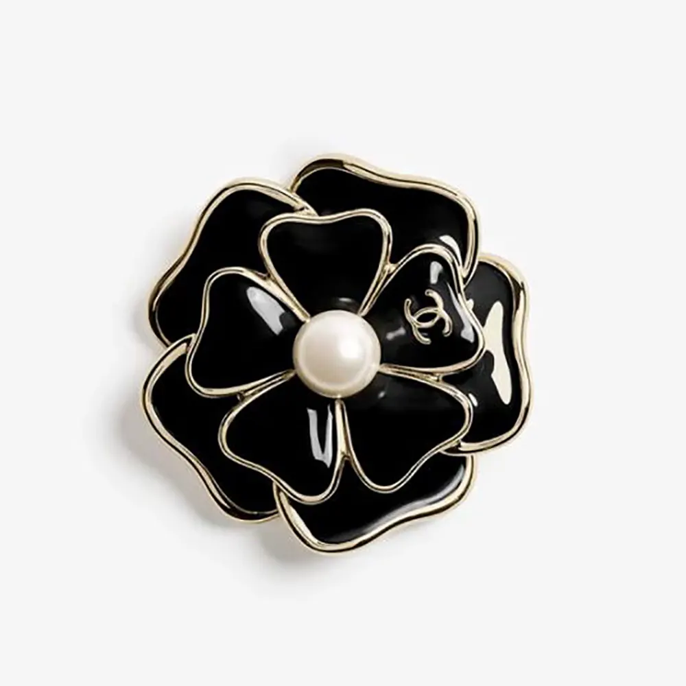 Chanel Women Brooch Metal & Resin Gold Black & Pearly White ABG238