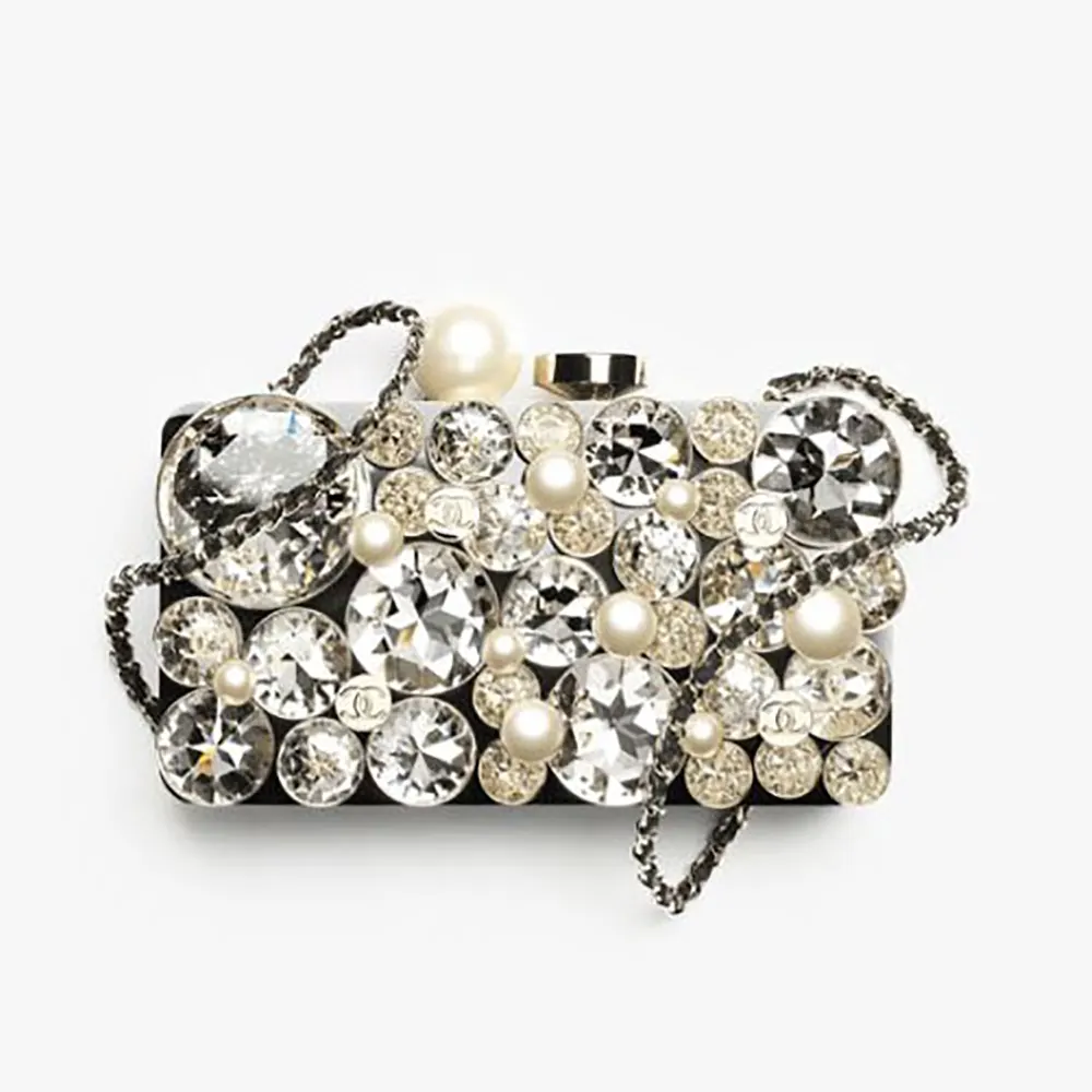 Chanel Women Evening Bag Plexi Strass Imitation Pearls & Gold-Tone Metal