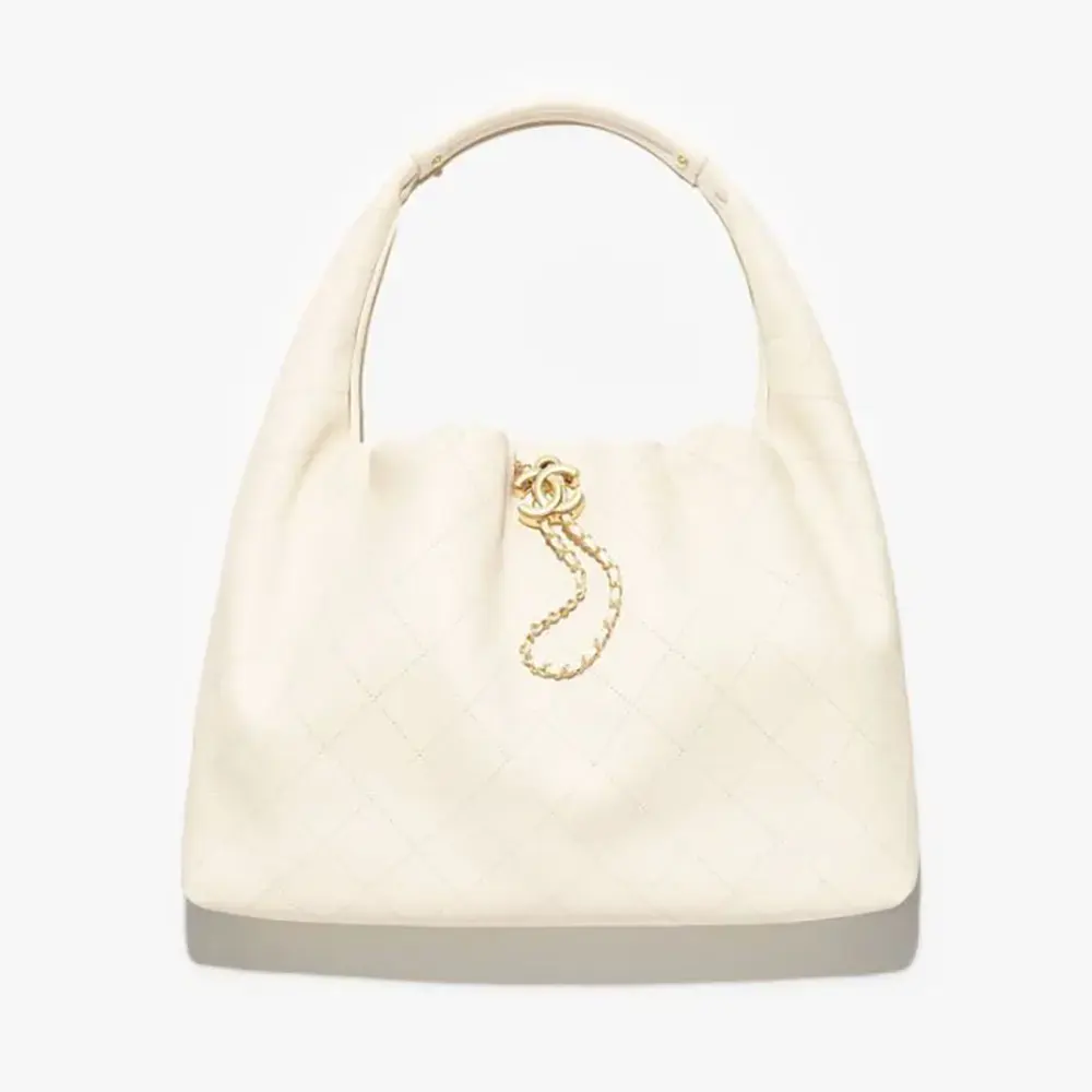 Chanel Women Maxi Hobo Bag Calfskin Gold Tone Metal-Light Beige AS5975