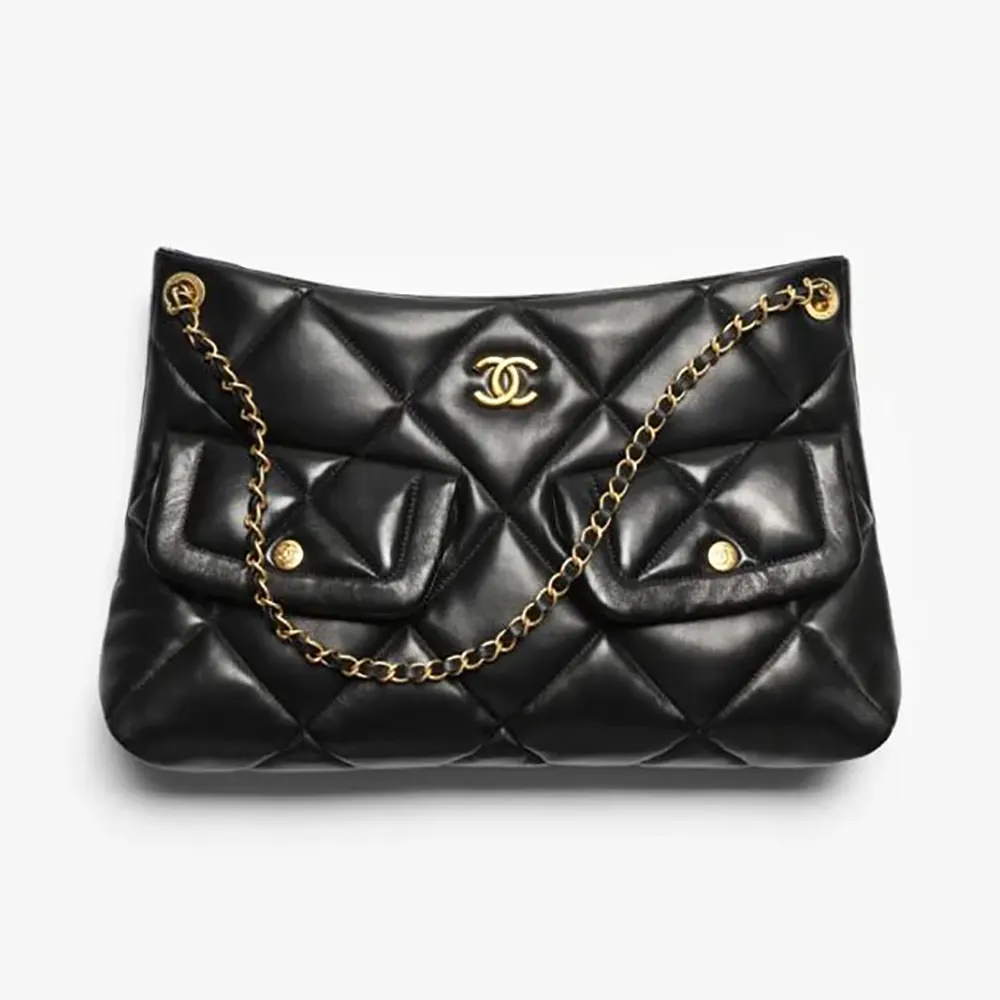 Chanel Women Shopping Bag Shiny Lambskin & Gold-Tone Metal-Black