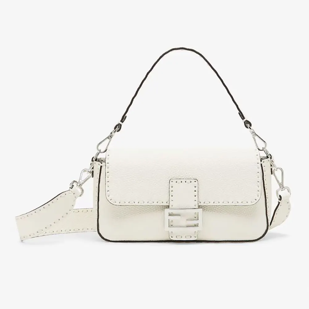 Fendi Unisex Baguette® Ice White Selleria Bag with 612 Hand-sewn Topstitches