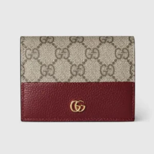 Gucci Women Bi-Color Gg Marmont Small Wallet Beige And Rosso Ancora Leather