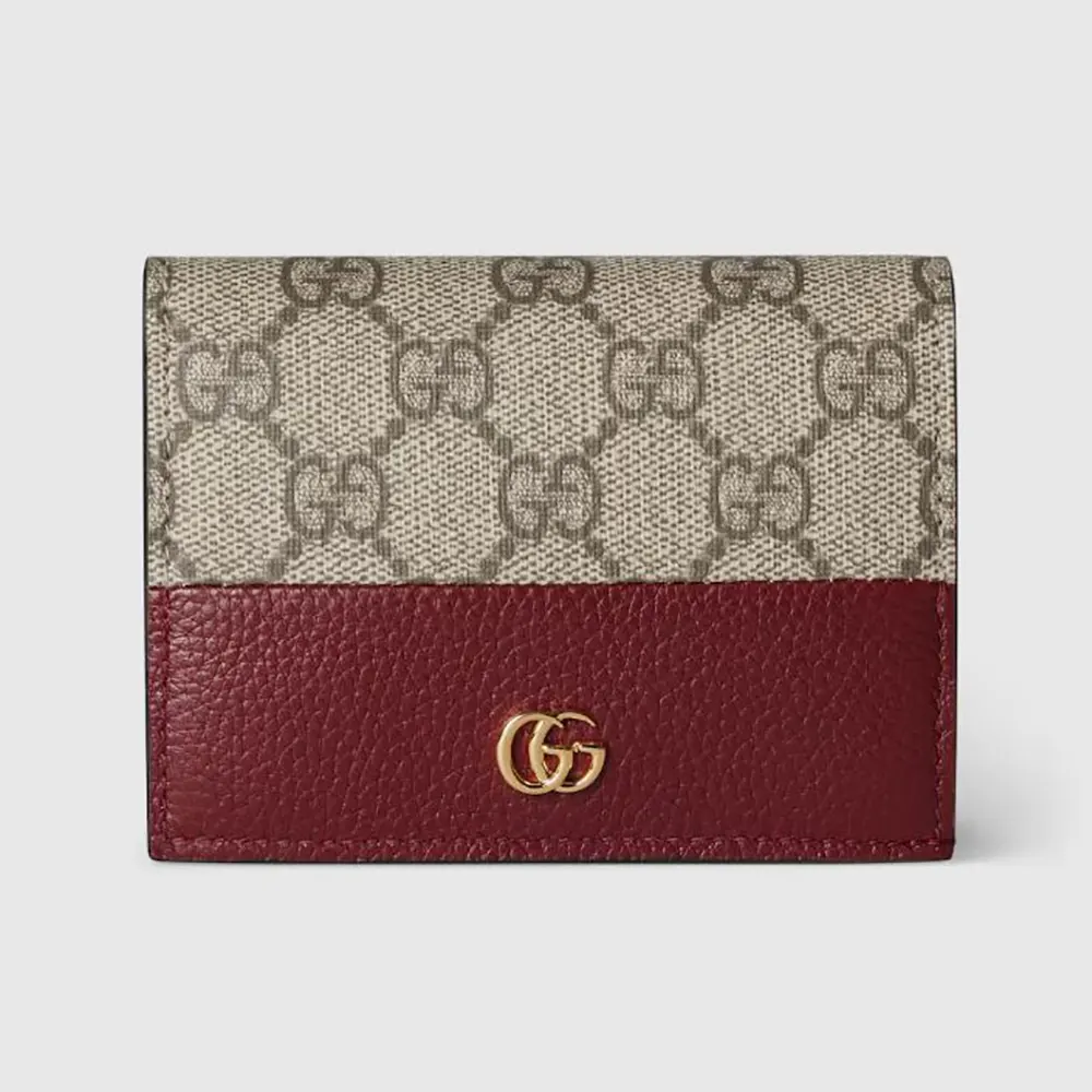 Gucci Women Bi-Color Gg Marmont Small Wallet Beige And Rosso Ancora Leather