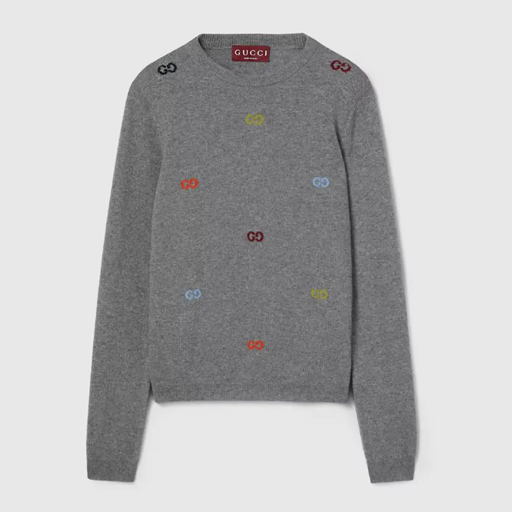 Gucci Men Fine Cashmere Sweater with Intarsia Grey 833668XKEYH