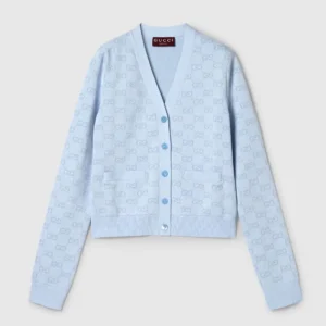 Gucci Women Fine Cotton GG Jacquard Cardigan-Light Blue 818735XKEOH