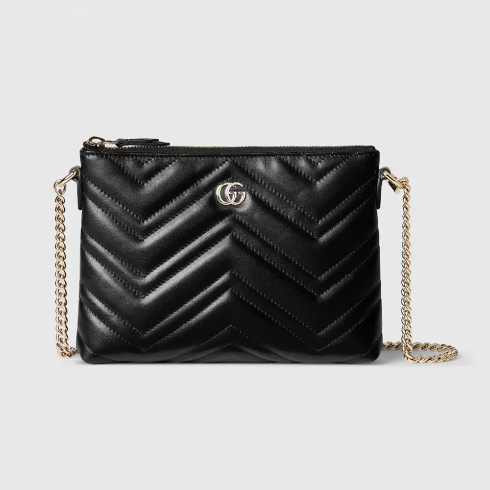 Gucci Women GG Marmont Pochette With Chain Black Leather