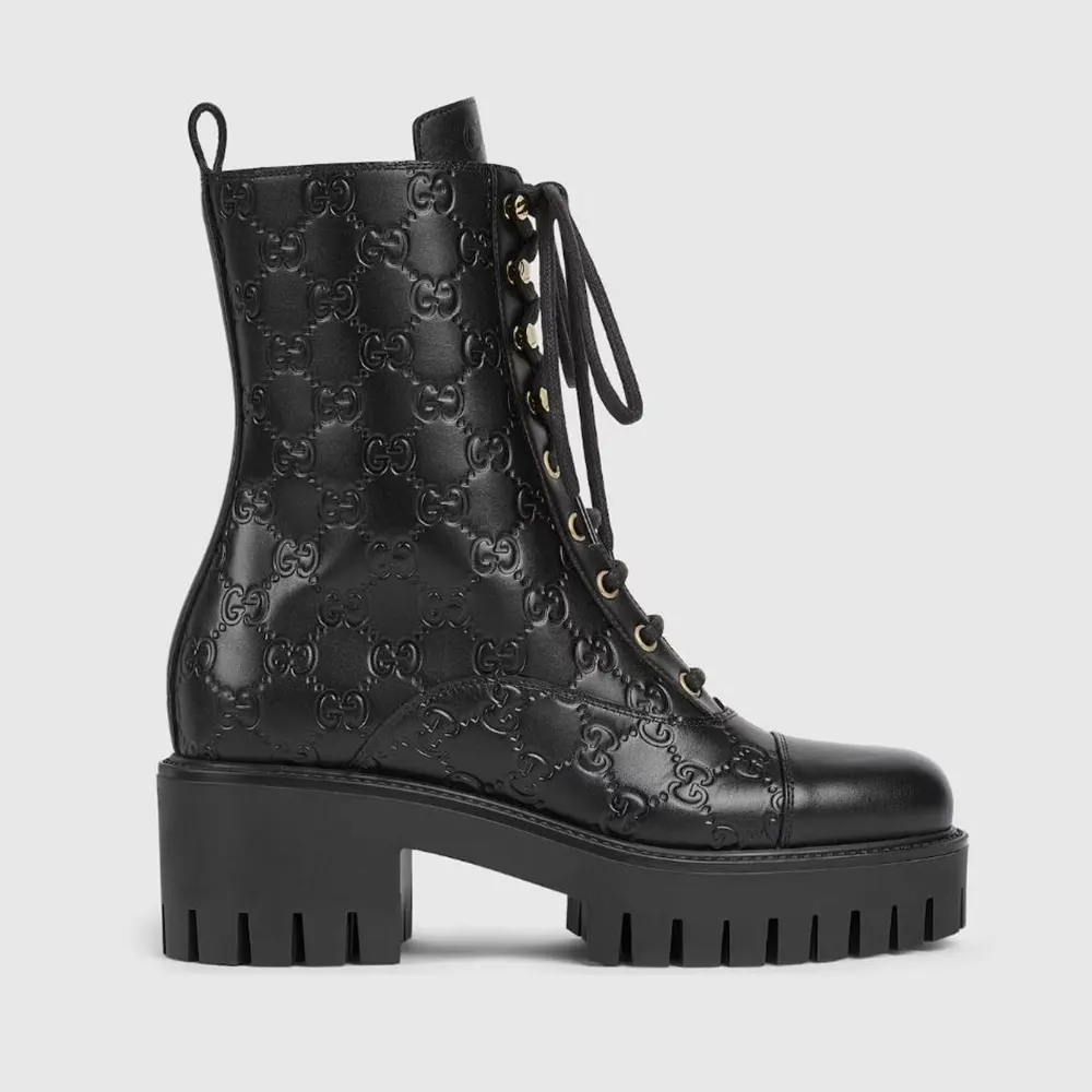 Gucci Women Lace-Up Ankle Boot With GG Black GG Leather 840739