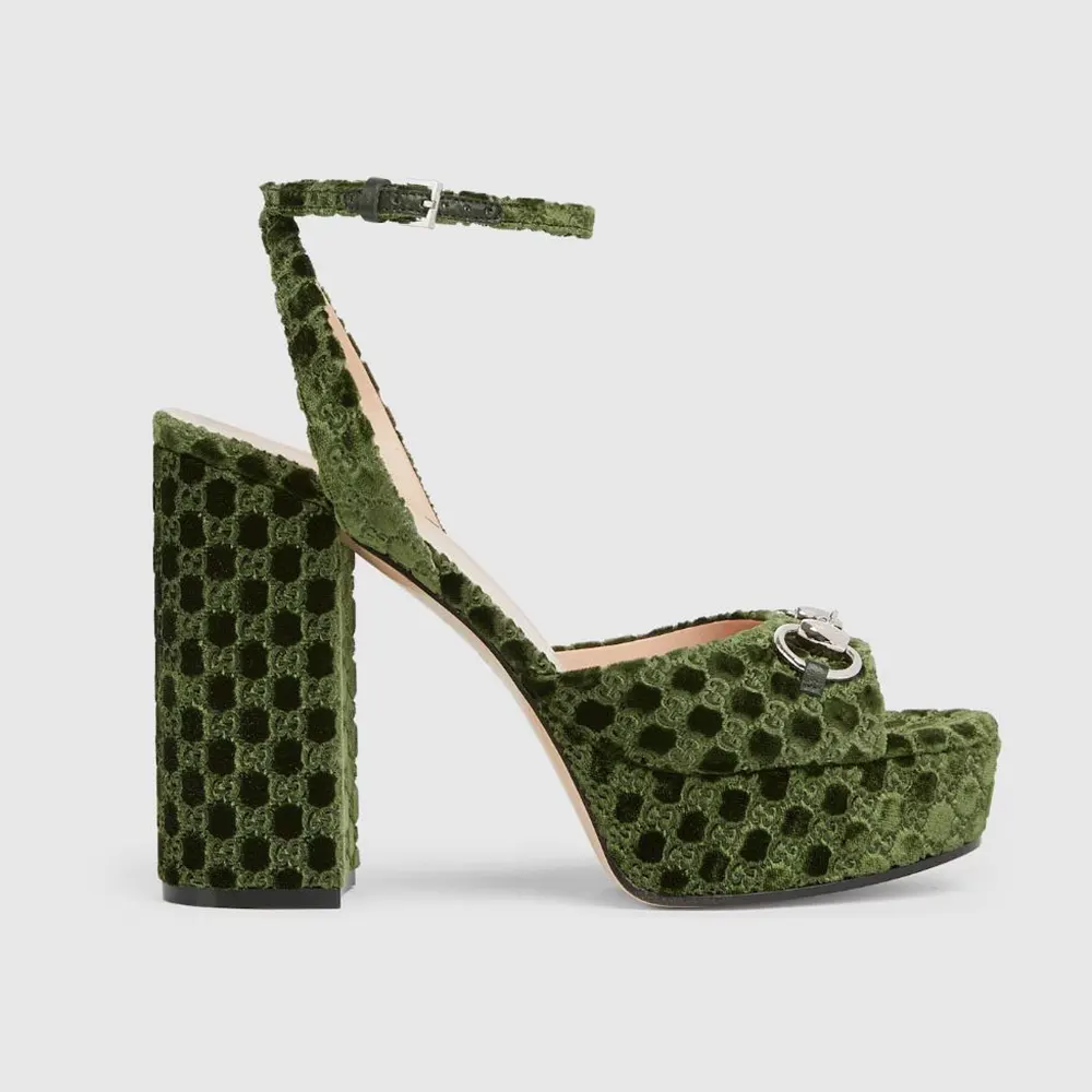 Gucci Women Platform Sandal With Horsebit Green Velvet 837395