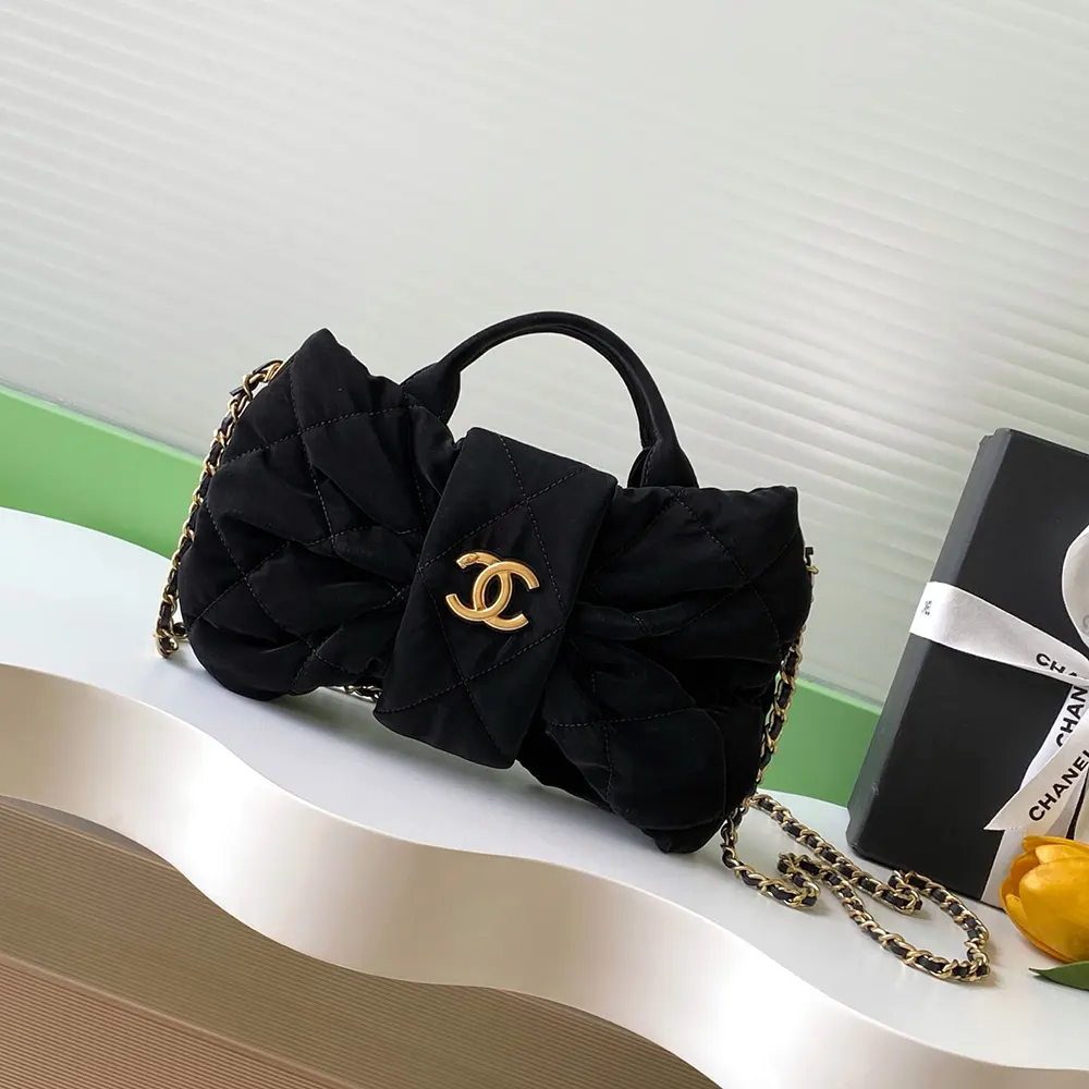 Chanel Women Mini Bow Bag Velvet-Effect Nylon & Gold-Tone Metal-Black