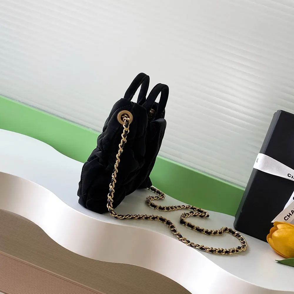 Chanel Women Mini Bow Bag Velvet-Effect Nylon & Gold-Tone Metal-Black