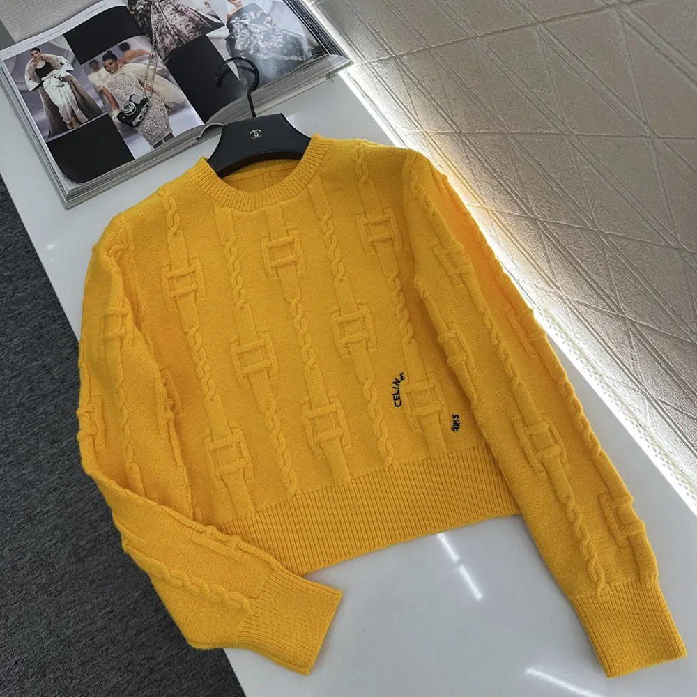 Celine Women Crewneck Sweater In Chains Cashmere-Yellow RY0MF0Y51