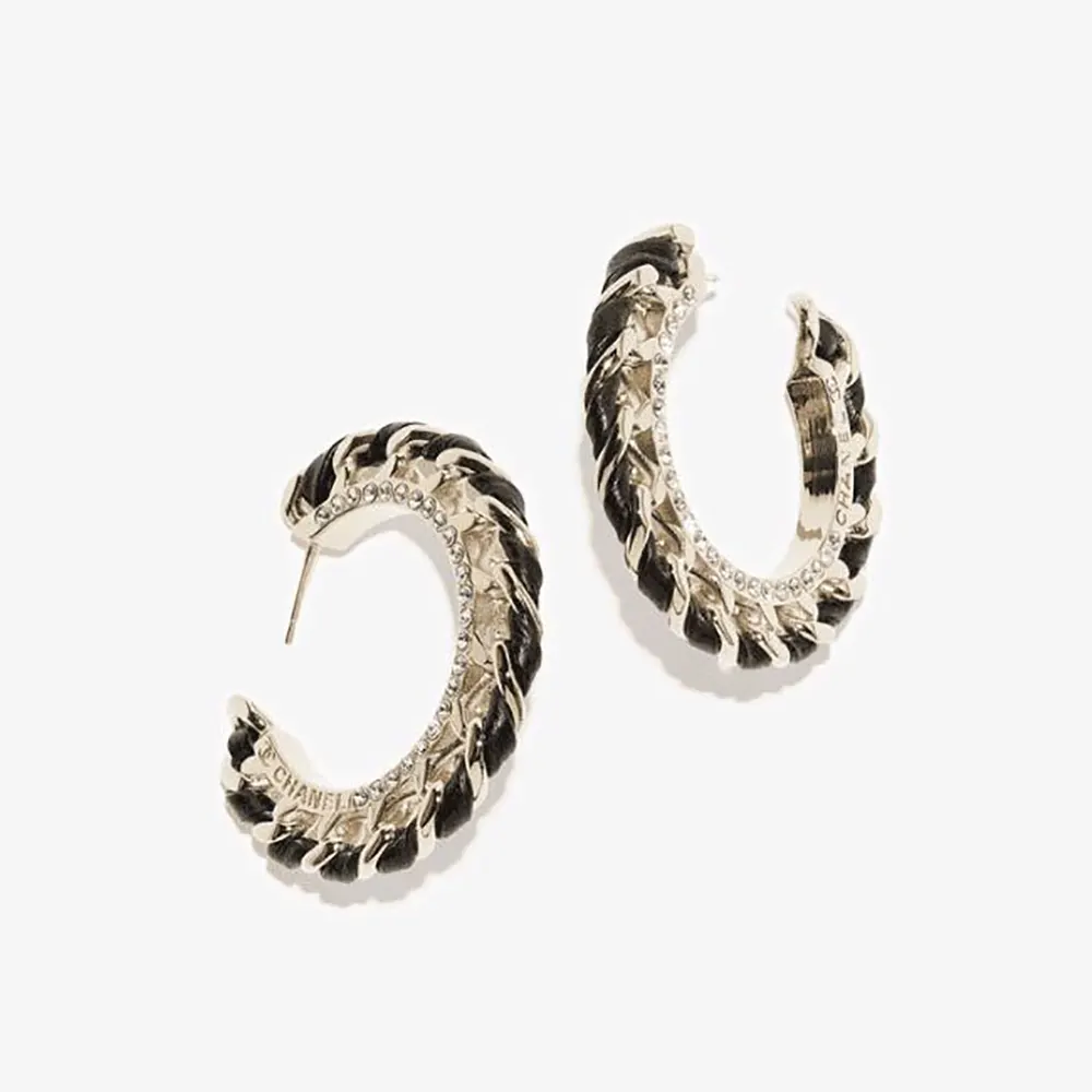 Chanel Women Hoop Earrings Metal Lambskin & Strass-Black