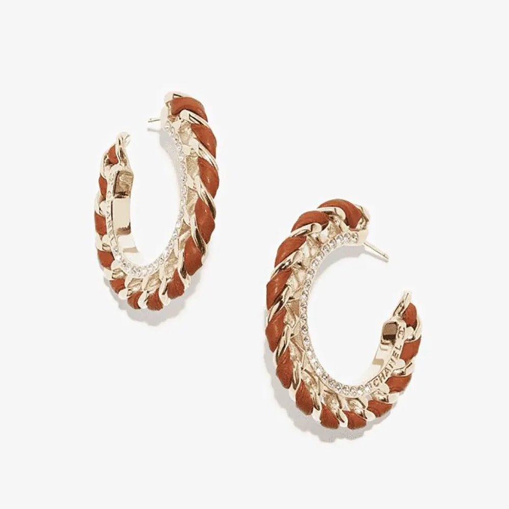 Chanel Women Hoop Earrings Metal Lambskin & Strass-Brown