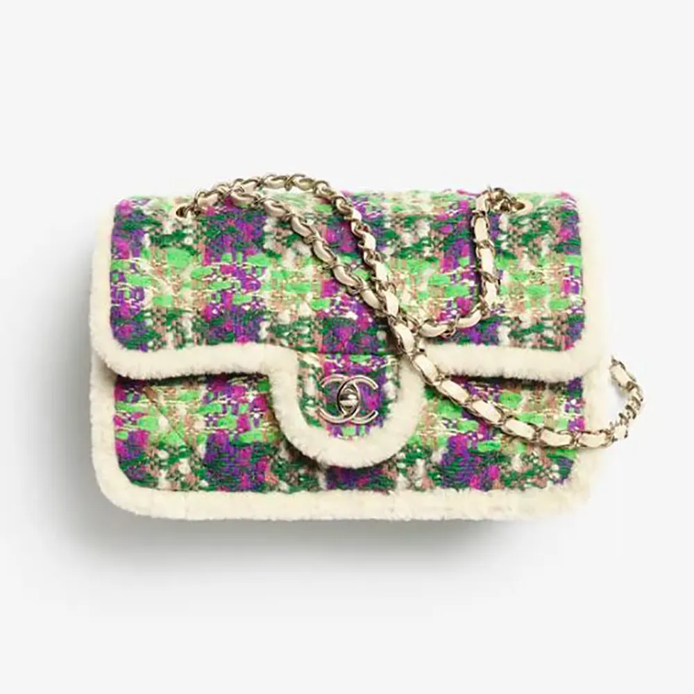Chanel Women Large Flap Bag Tweed Shearling Lambskin Gold Tone Metal-Green