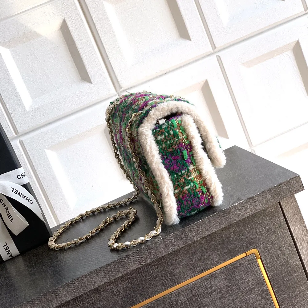 Chanel Women Large Flap Bag Tweed Shearling Lambskin Gold Tone Metal-Green