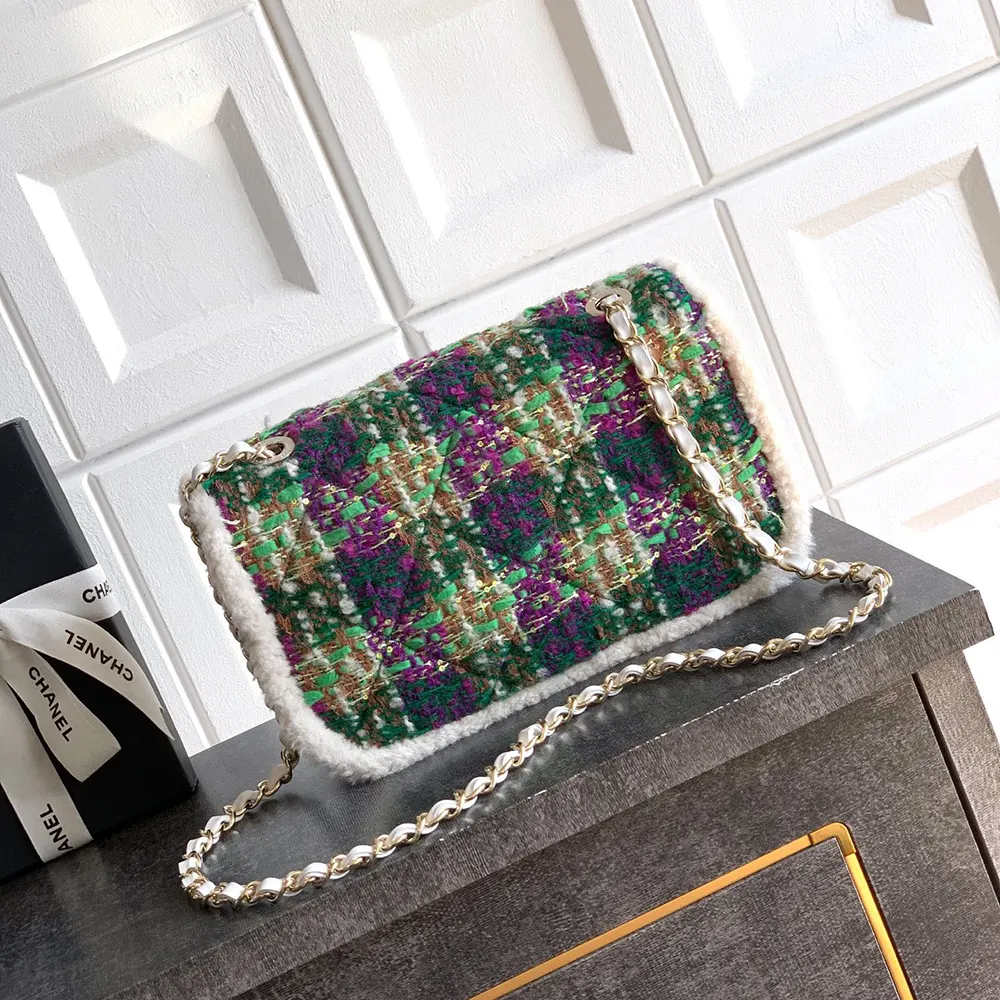 Chanel Women Large Flap Bag Tweed Shearling Lambskin Gold Tone Metal-Green