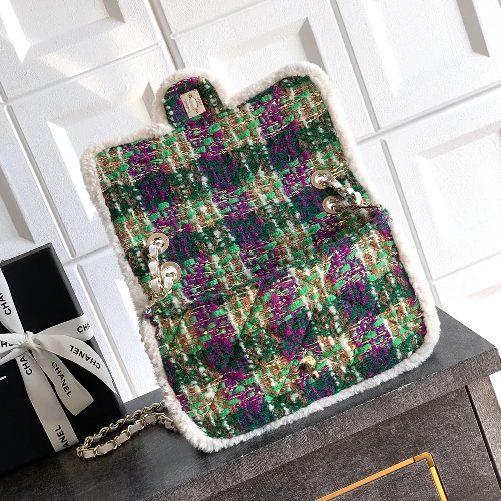 Chanel Women Large Flap Bag Tweed Shearling Lambskin Gold Tone Metal-Green