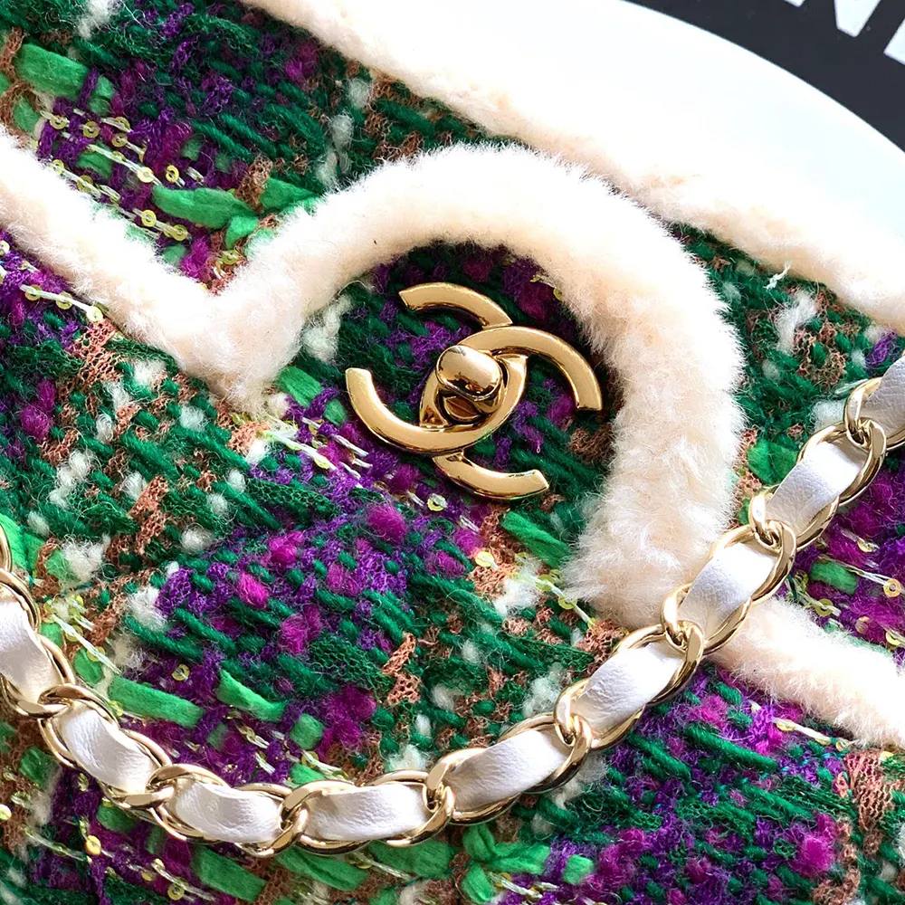 Chanel Women Large Flap Bag Tweed Shearling Lambskin Gold Tone Metal-Green