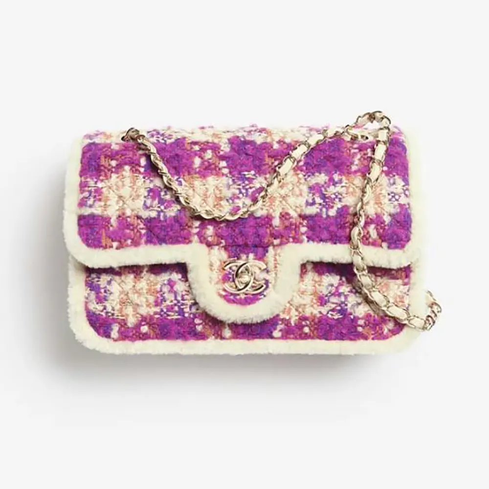 Chanel Women Large Flap Bag Tweed Shearling Lambskin Gold Tone Metal-Pink