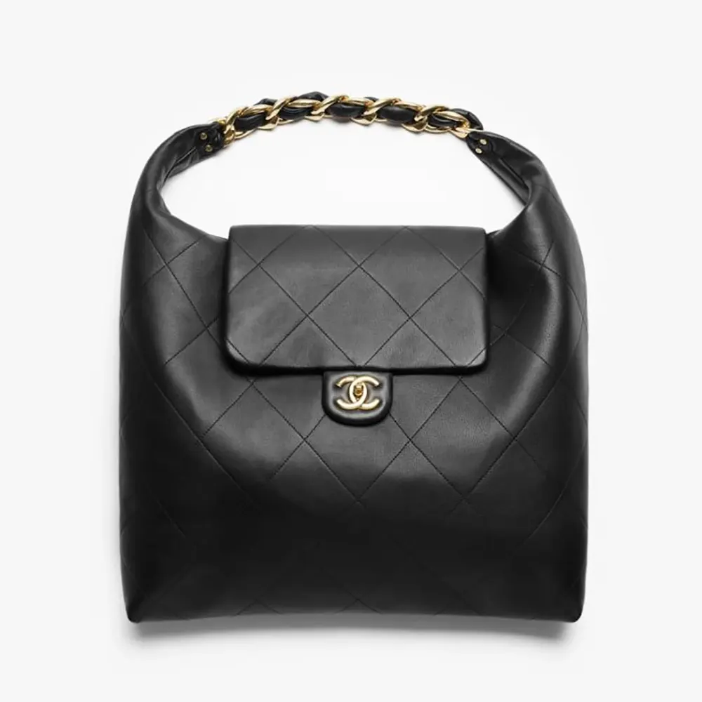 Chanel Women Maxi Hobo Bag Shiny Calfskin Gold-Tone Metal-Black AS5839