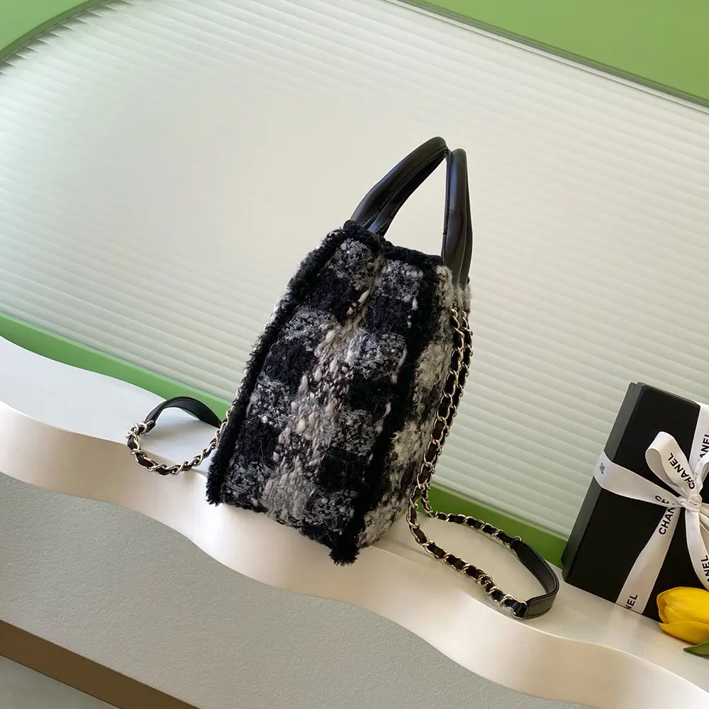 Chanel Women Small Shopping Bag Tweed Shearling Lambskin Gold-Tone Metal AS5688