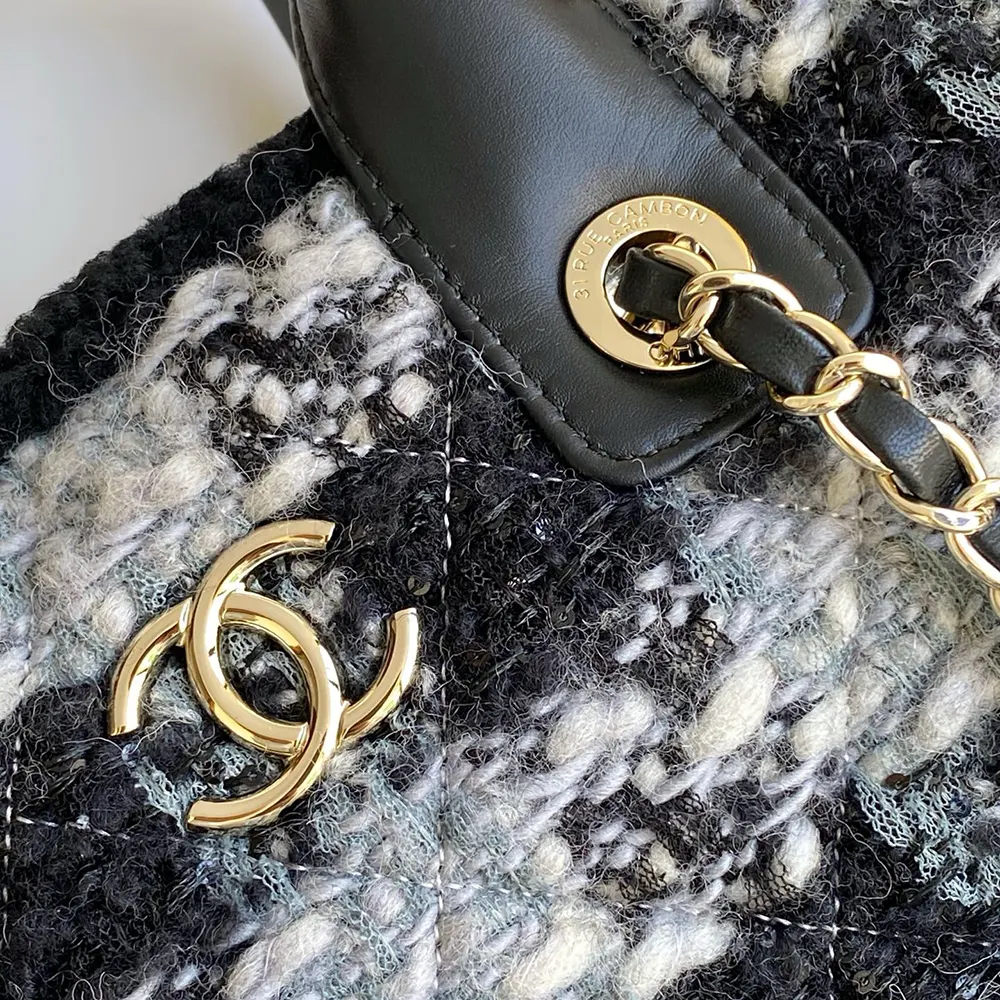 Chanel Women Small Shopping Bag Tweed Shearling Lambskin Gold-Tone Metal AS5688