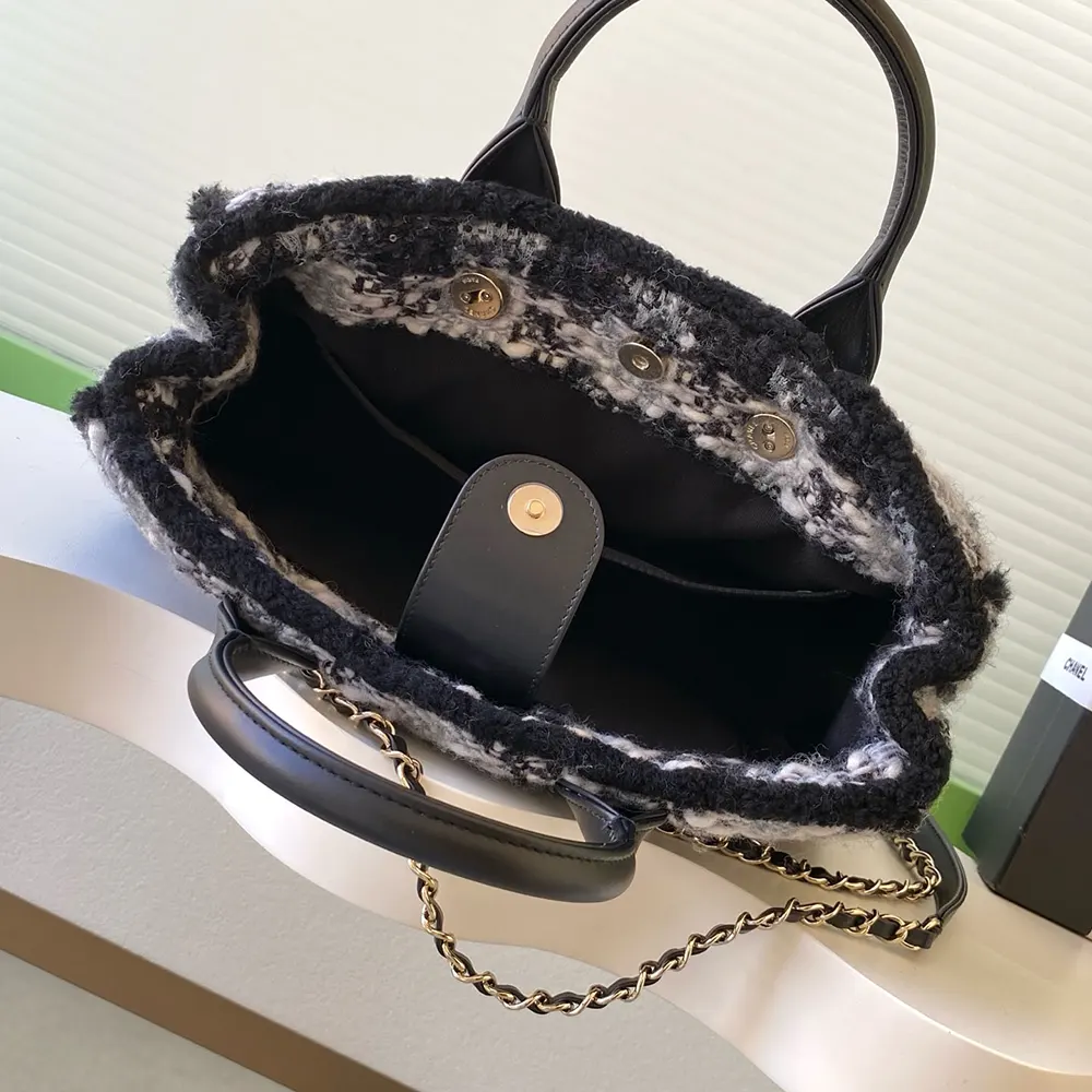 Chanel Women Small Shopping Bag Tweed Shearling Lambskin Gold-Tone Metal AS5688